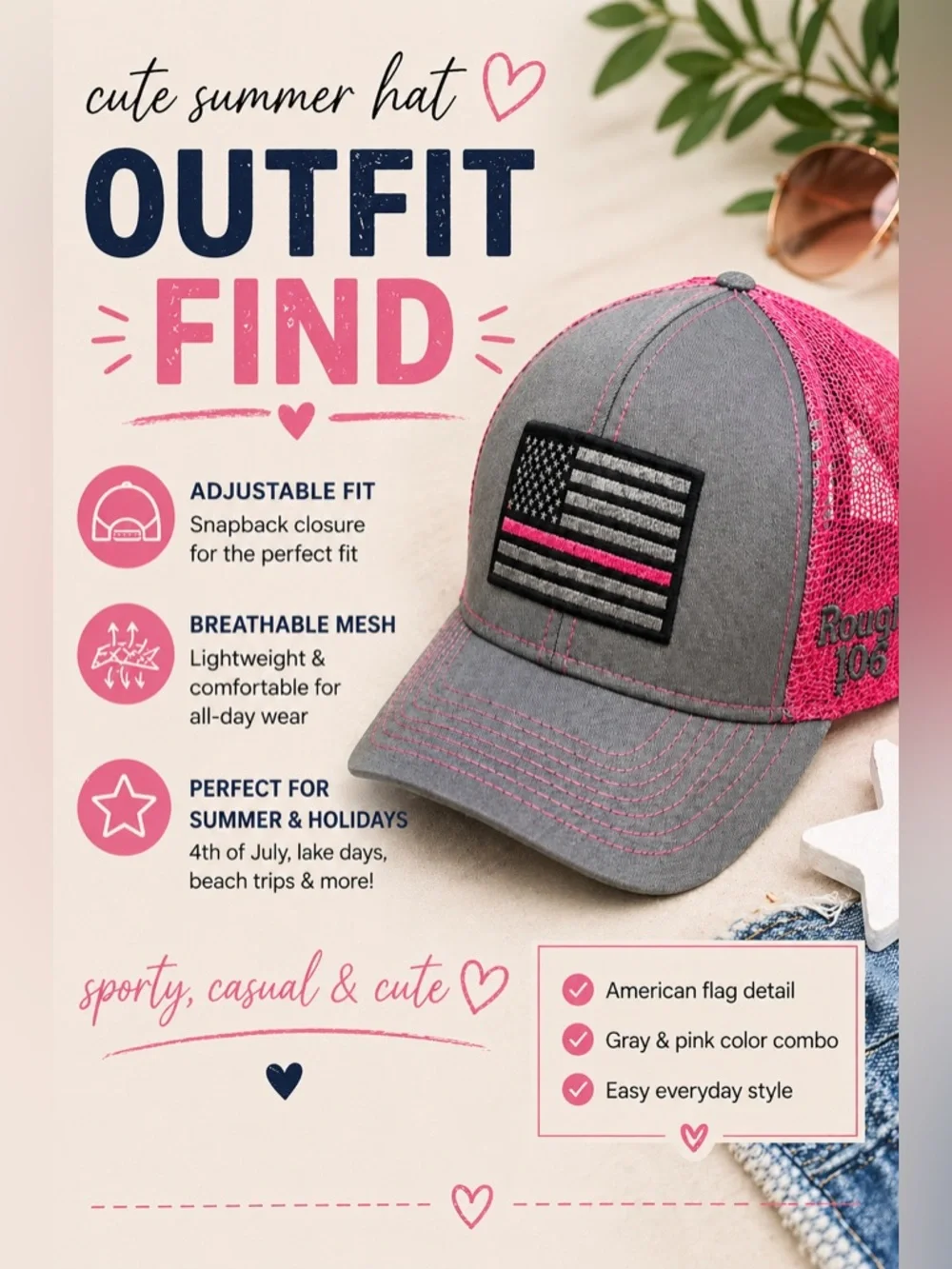 Pacific Headwear Gray Pink Trucker Hat American Flag Rough 106 Snapback Cap